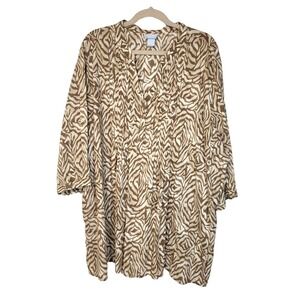 Liz & Me Tan Animal Print Cotton V-Neck Pleated Top 3/4 Sleeve Size 3X 26/28W